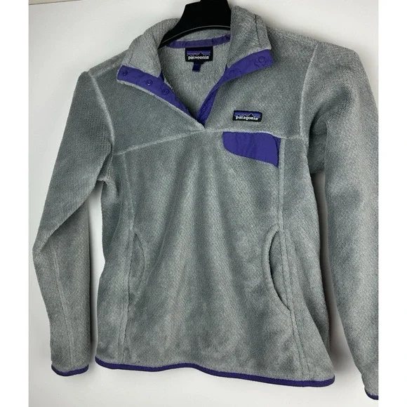 Patagonia Re-Tool Fleece 1/4 Snap-T Pullover Gray Purple Trim Women's Size Small - Picture 2 of 7